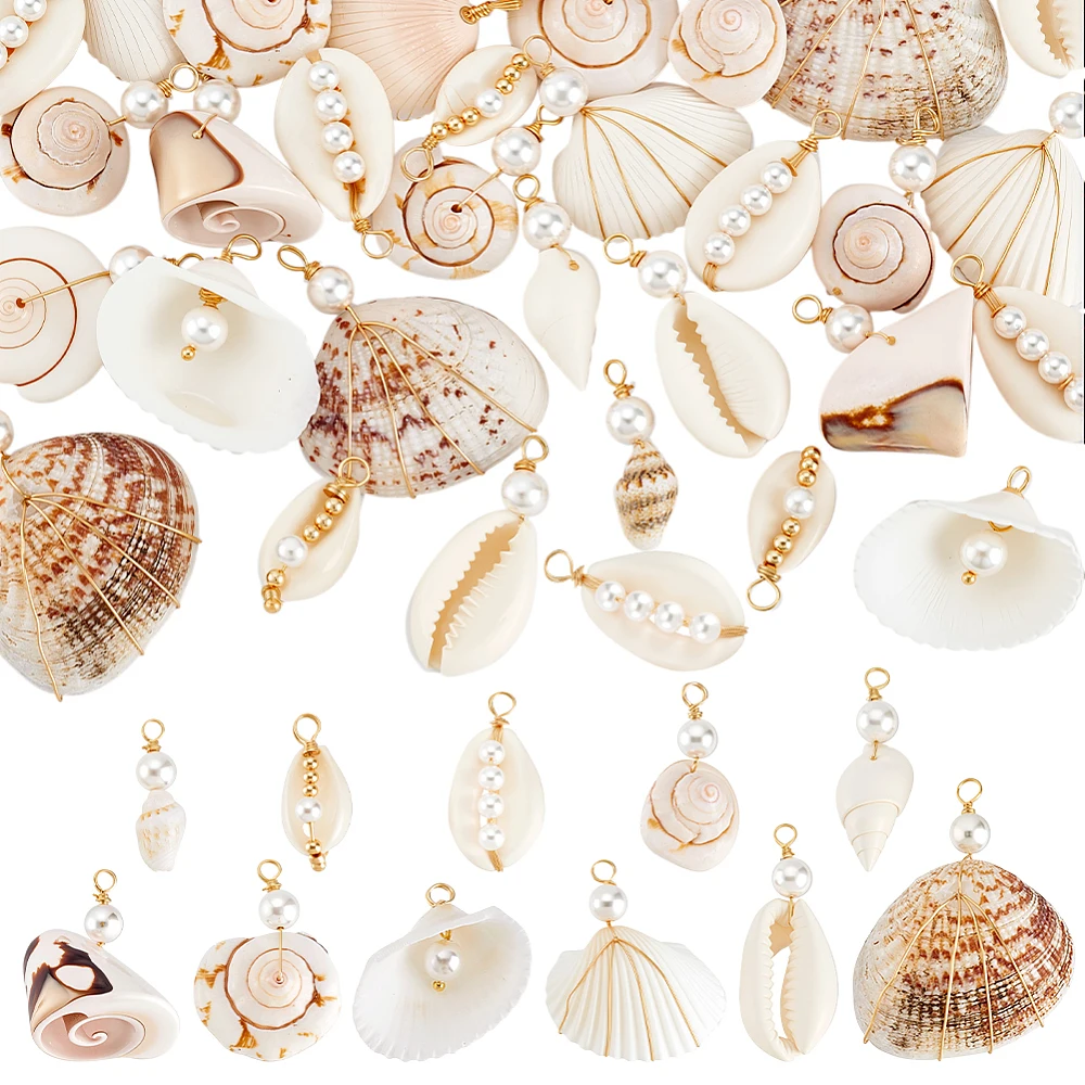 44pcs Shell Pendants 11 Styles Ocean Beach Seashell Charms with Pearl Wire Wrapped Clam Cowrie Shell Dangle Beads with Loop