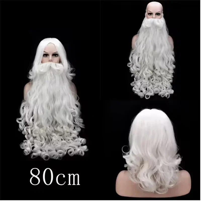 سانتا تأثيري سانتا كلوز شعر مستعار واللحية تأثيري الباروكات الأبيض هيربيسي اكسسوارات الرجال النساء سانتا اللحية 80 سنتيمتر ل هدية الكريسماس