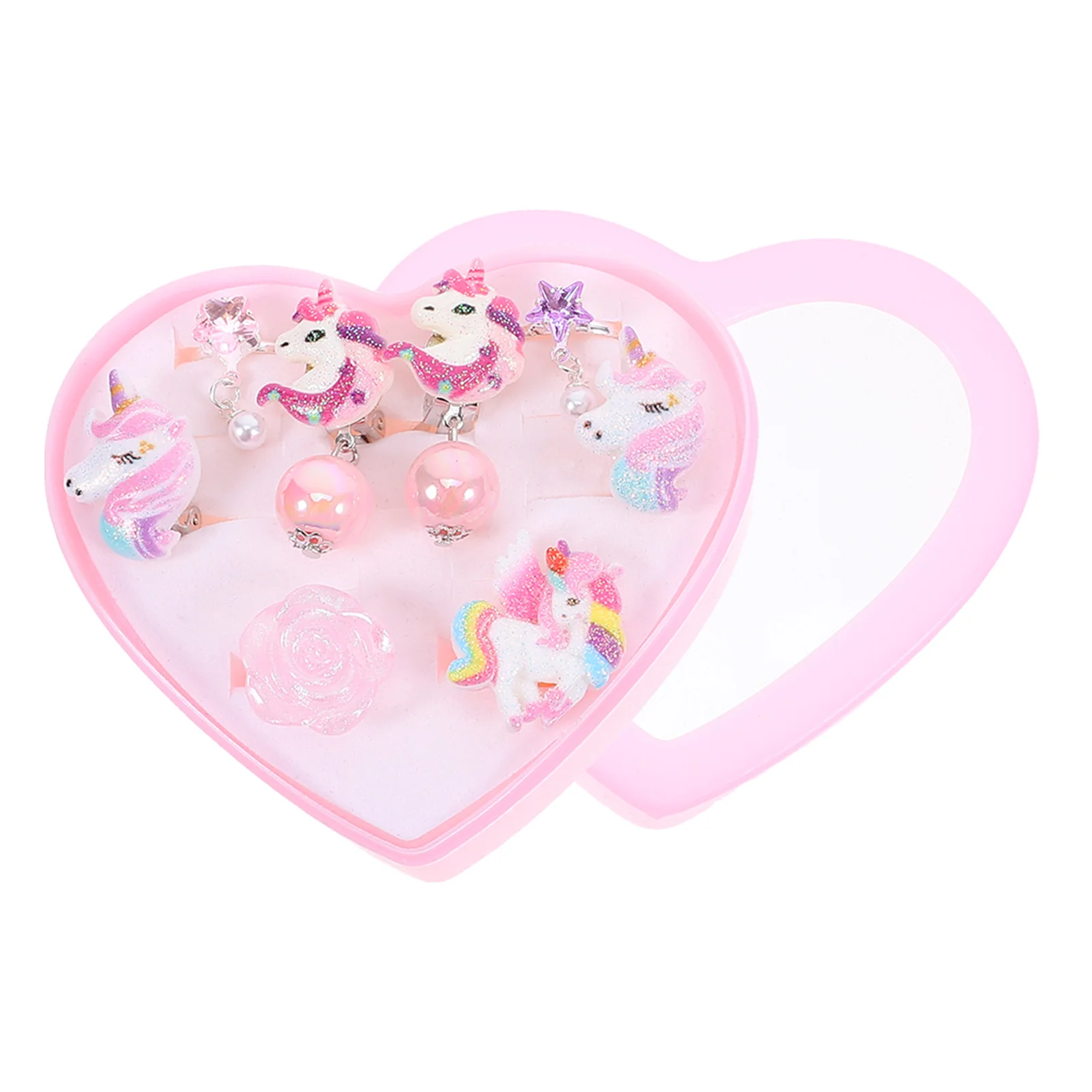 1 صندوق كارتون يونيكورن كليب للفتيات جميل لا مثقوب الأذن مجوهرات الاطفال احتفالي حفلة اللعب مجموعة شكل قلب صندوق خفيف الوزن