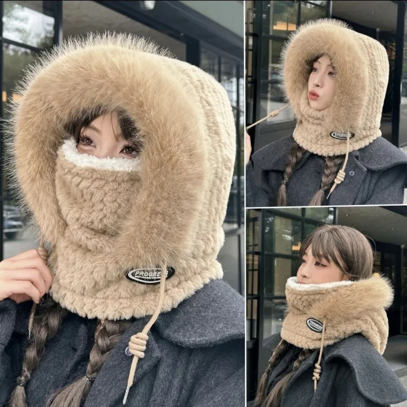 قبعة شتوية قطيفة خارجية مقاومة للبرد والرياح لحماية الرقبة مكونة من قطعتين مع قبعة رأس مخملية سميكة بغطاء للرأس دافئة