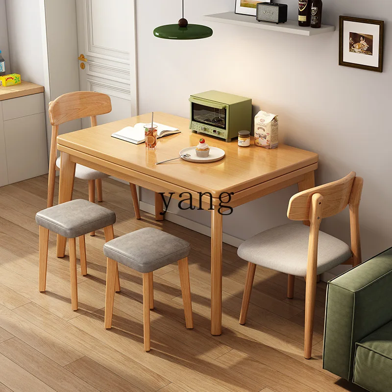 LTT folding dining table household small apartment retractable dining table solid wood legs multi-functional dining table