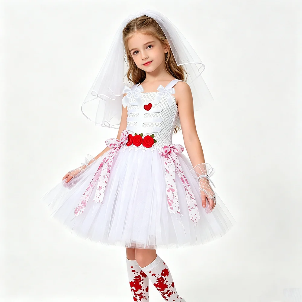 Zombie Bride Halloween Costume for Girls Scary Skeleton Tutu Dress Set with Veil Lace Gloves Blood Socks Kids Ghost Bride Outfit