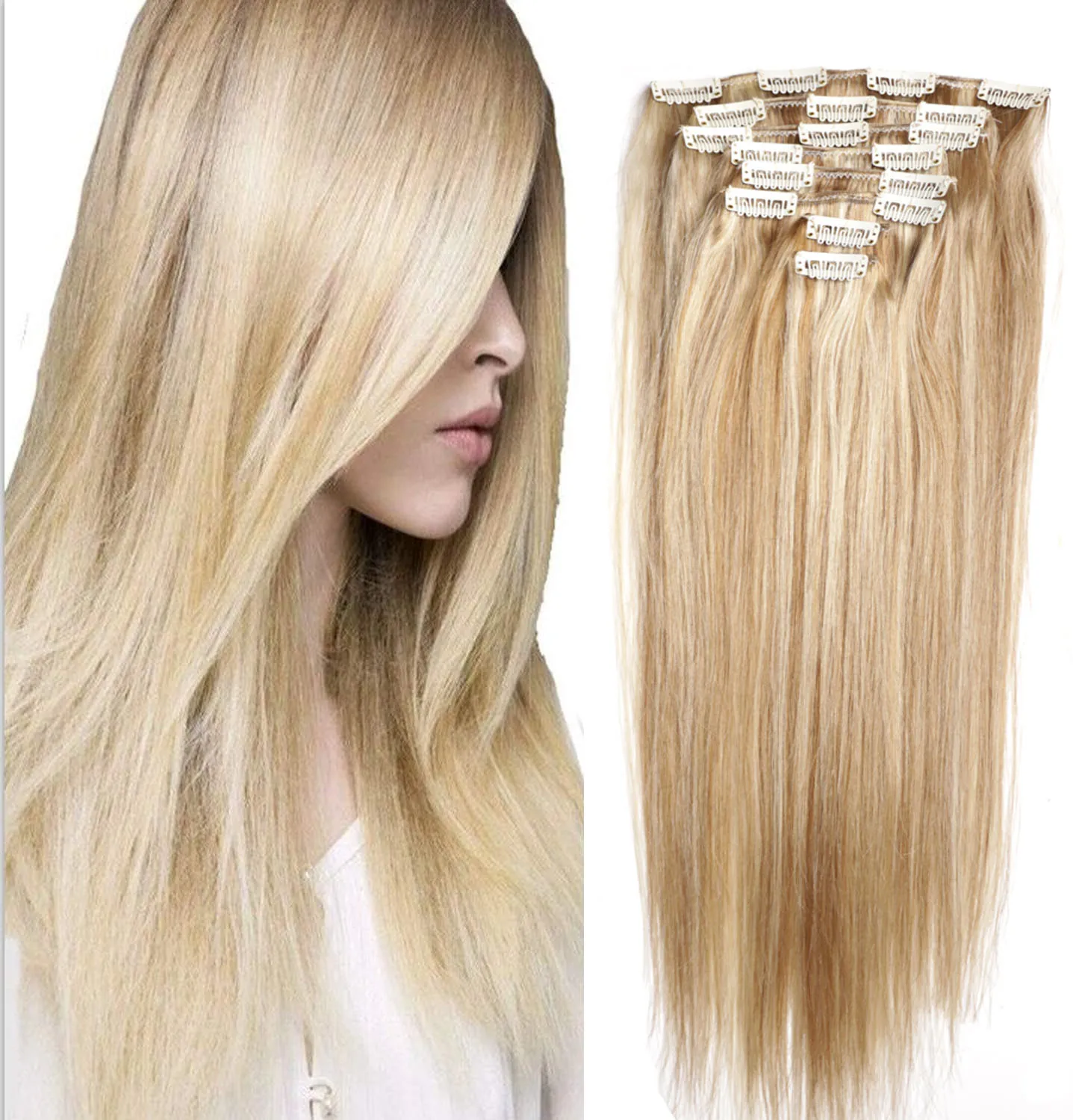 ZZHAIR 100% وصلات شعر ريمي بشري برازيلي 16 "-24" 8 قطعة مجموعة 120 جرام-140 جرام مقاطع في كامل الرأس مستقيم طبيعي