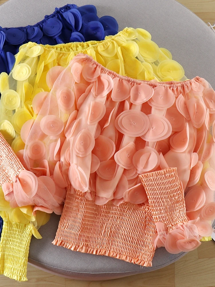 

Off-oulder Waist-Cinching Me Top for Women Sweet Sle Long Sve Bubble Sve Polyester Fabric Faionable Decorated