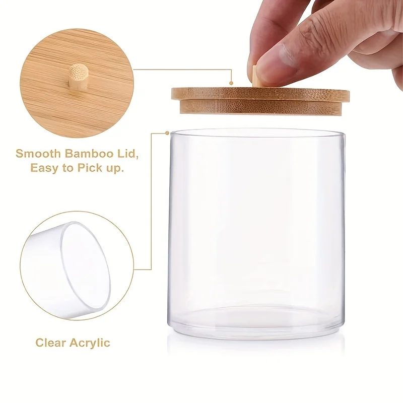 Acrylic Qtip Holder Dispenser Jars with Bamboo Lids, Cotton Ball Pad Round Swab Holder for Bathroom Accessories Storage Organize