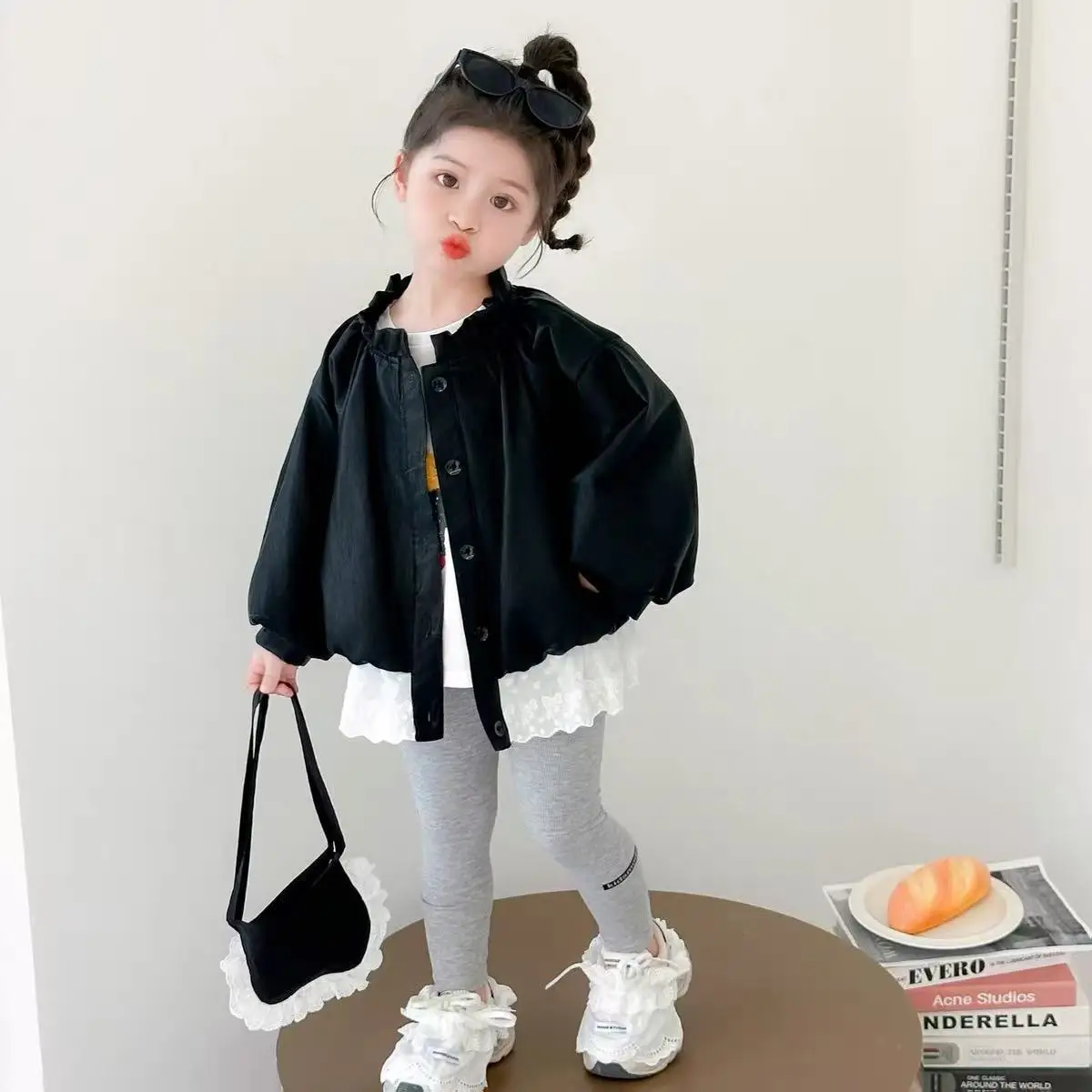 

Baby Girl Leather Jacket Spring and Autumn New Style Children's Casual Lace Coat Top