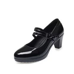 Zapatos moda donna in pelle verniciata nera cinturino con fibbia da ballo scarpe con tacco alto Lady Cute Student School Office scarpe da lavoro B05