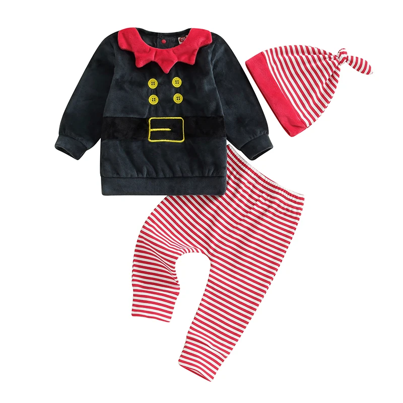 

Christmas Baby Boy Outfit Xmas Santa Clothes Long Sleeve Contrast Color Sweatshirt Top with Striped Pant and Hat Set