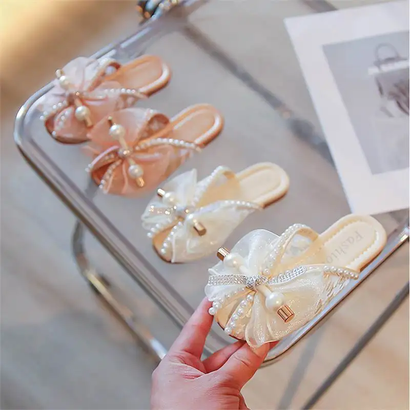 Summer Children Princess Sandals Girls Lace Slippers Breathable Outside Wear Kids Shoes Half Slippers Soft Bottom Princess Shoes