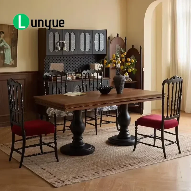 Retro French Ash Wood Dining Table Large Vertical Board Thickened Roman Column Support Rack Sturdy Elegant Furniture for Home