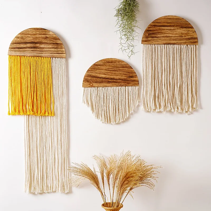 New modern simple fringed tapestry, homestay living room decoration handmade, semi-round wooden tapestry