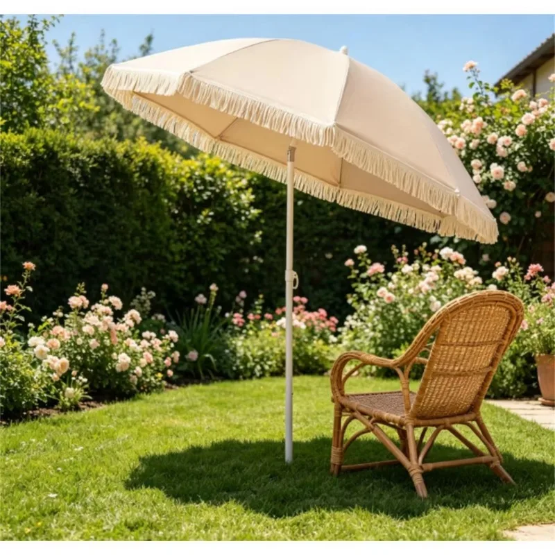2.7M garden umbrella with fringe and trim, 30 degree adjustable tilt, portable metal frame parasol, beach umbrella