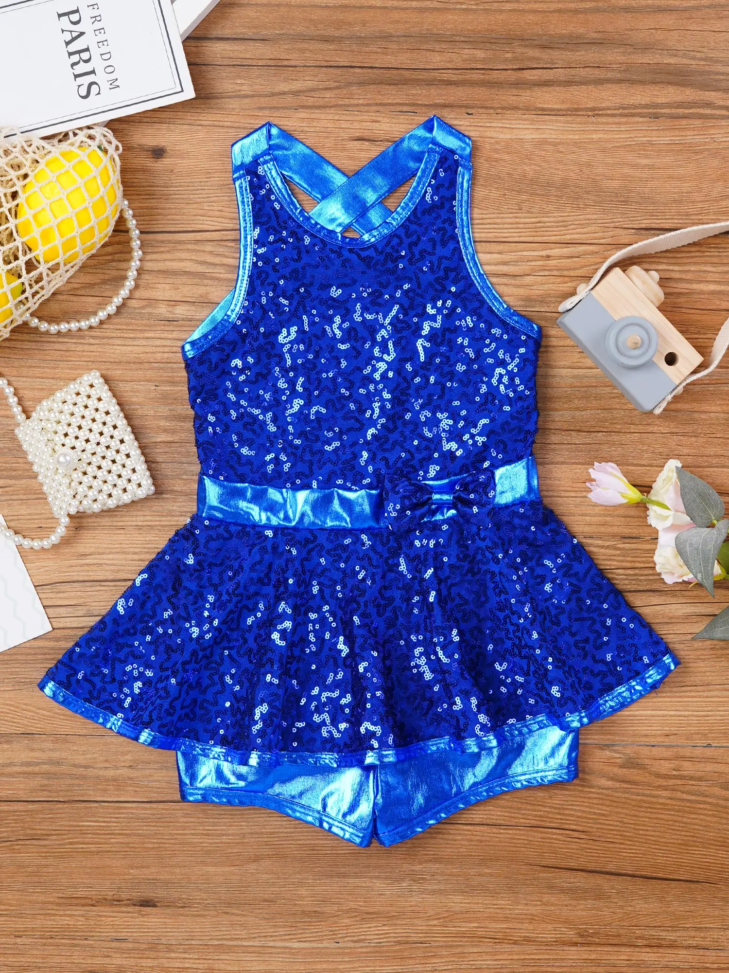 Kids Girls Jazz Dance Performance Costume Ballet Leotard Dress Shiny Sequined Sleeveless Criss Cross Back Bowknot Leotard Outfit