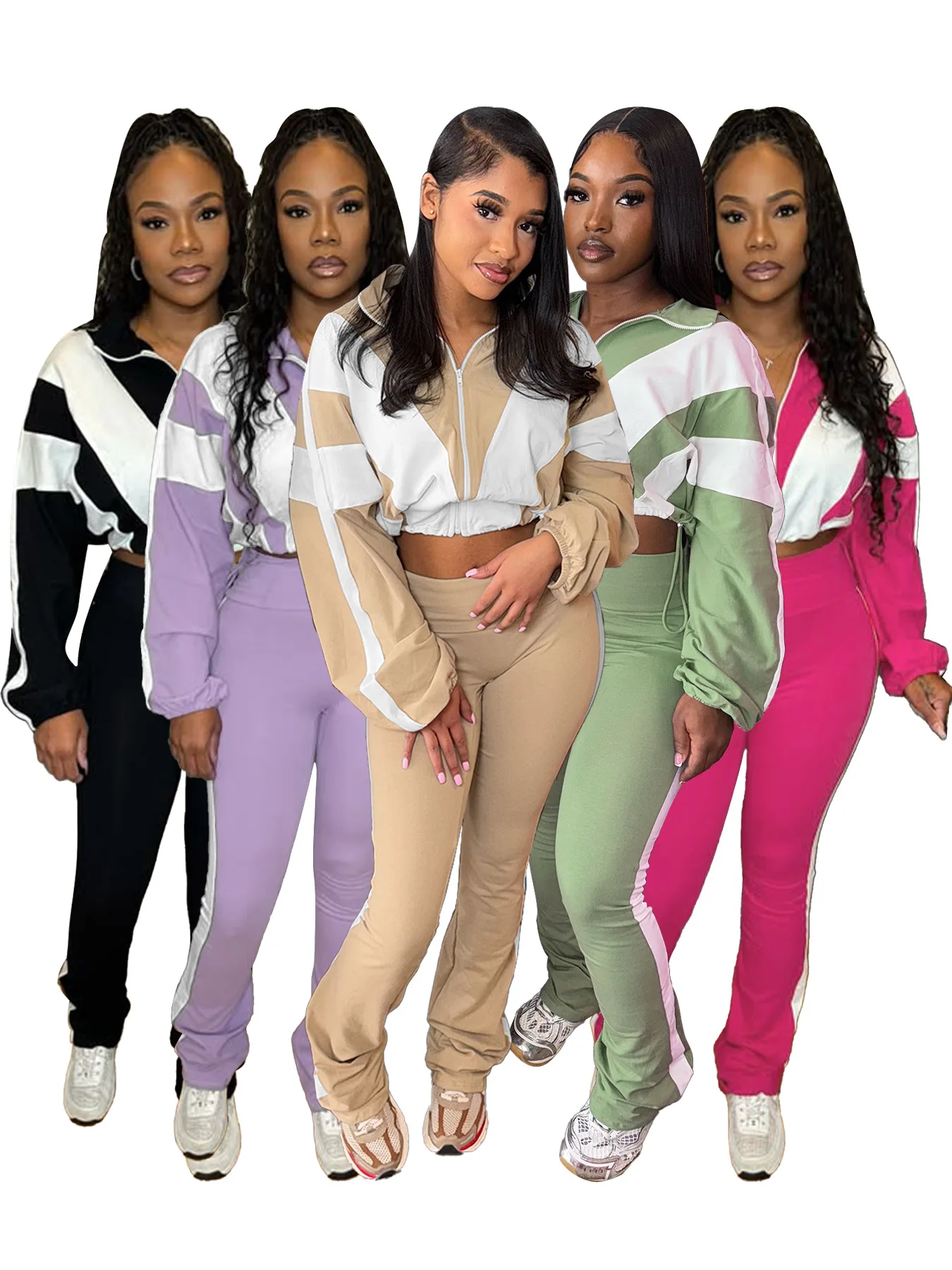 

2025 Hot Style Contrast Color Sports Woman Two Pieces Set Fashion Long Sleeves Zipper Jacket Pants Set Casual Tracksuit