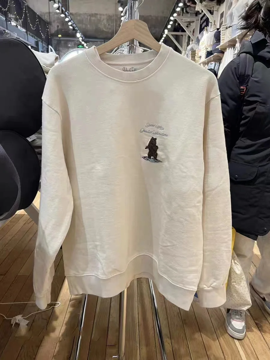 

Retro American BM Long Sve round Ne Sweatirt Jaet Embroidery Loose Fit Autumn Winter Versatile Women's Streetwear