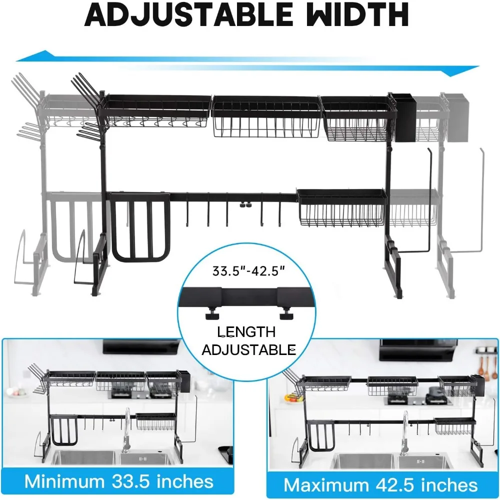 Bevano-escurridor de platos ajustable para encimera, escurridor de platos grande de acero inoxidable, 2 niveles, 33,5-42,5 pulgadas