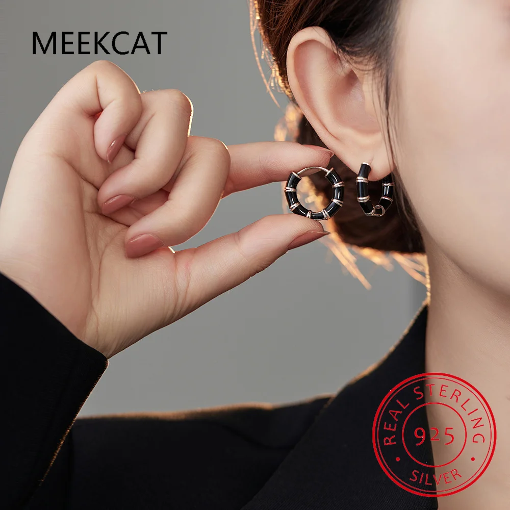 Real 925 Sterling Silver Black Enamel Bamboo Joint Hoop Earrings Huggies for Women Hiphop Fine Jewelry Minimalist Accessories