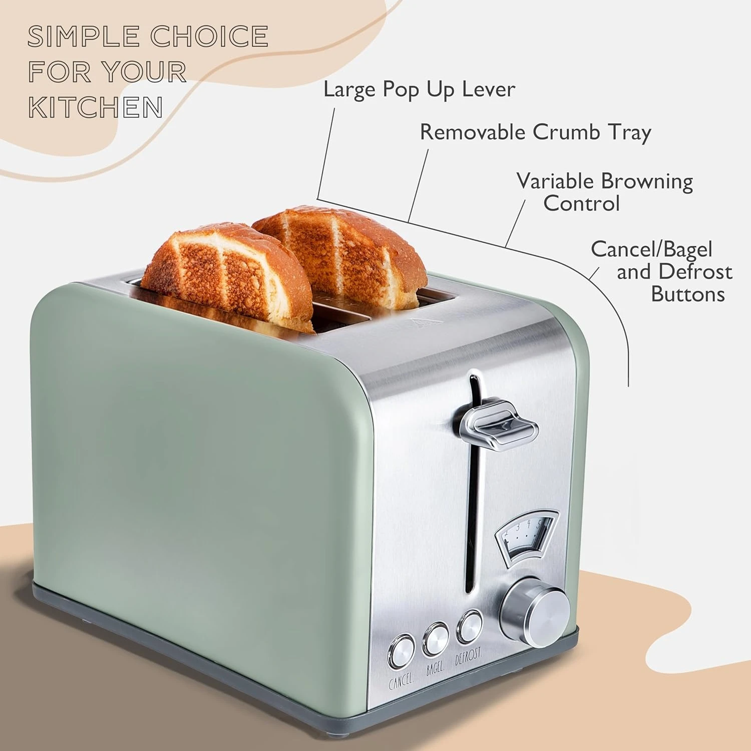 Stainless Steel 2 Slice Square Toaster, Wide Slot with 5 Browning Levels, with Bagel, Defrost and Cancel Options (Sage)