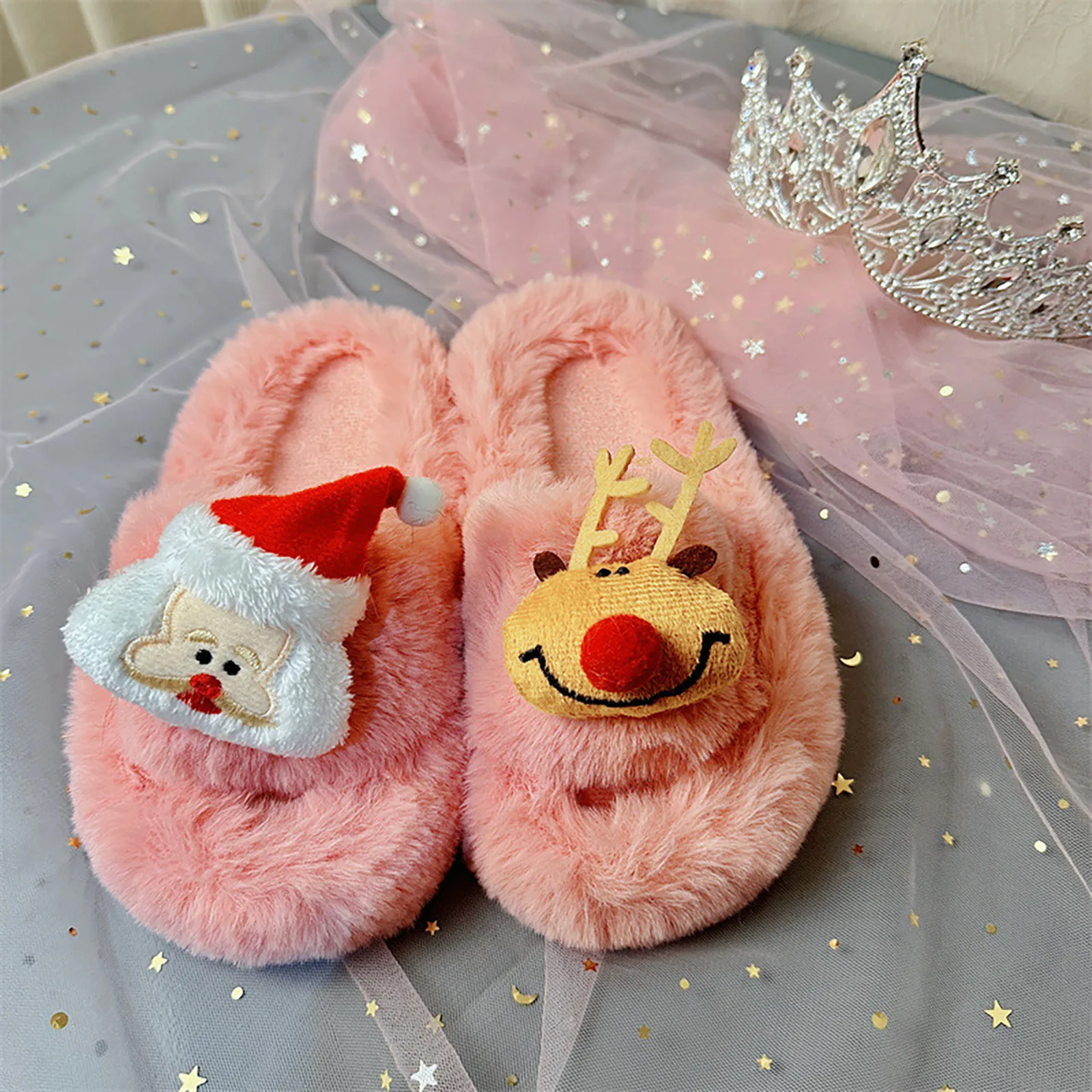 Kids Cotton Xmas Slippers Indoor Shoes Children Warm Winter Christmas Cartoon Cute Indoor Furry Slippers Girls Soft Baby Shoes