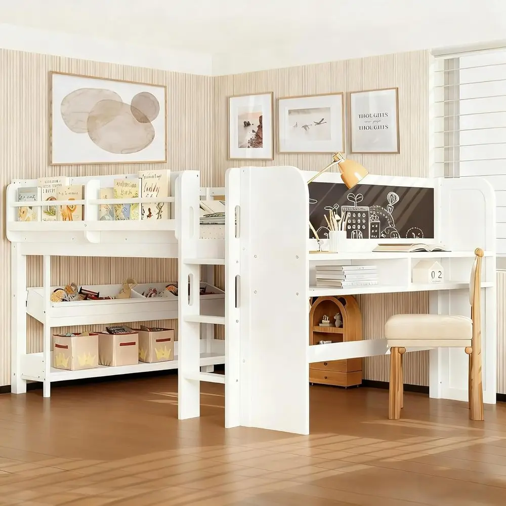 

White Wooden Kids Loft Bed with Storage, Bookcases, Desk, and Blackboard for Boys or Girls