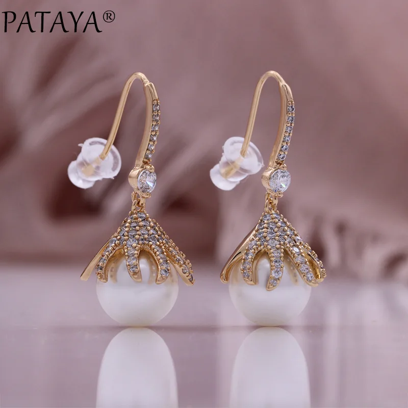 PATAYA Trendy Pearl Long Drop Earrings For Women 585 Rose Gold Color Natural Zircon Accessories Vintage Party Fine Daily Jewelry