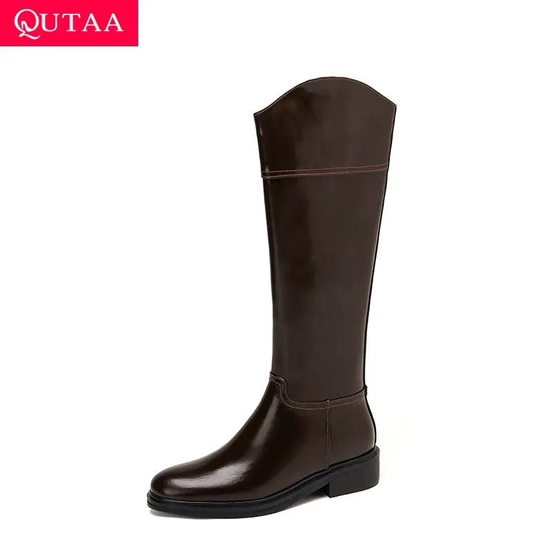 

QUTAA 2026 Winter Women Knee High Boots Fashion Round Toe Woman Shoes Mid Heels Cow Leather Motorcycle Long Boots Black 34-43