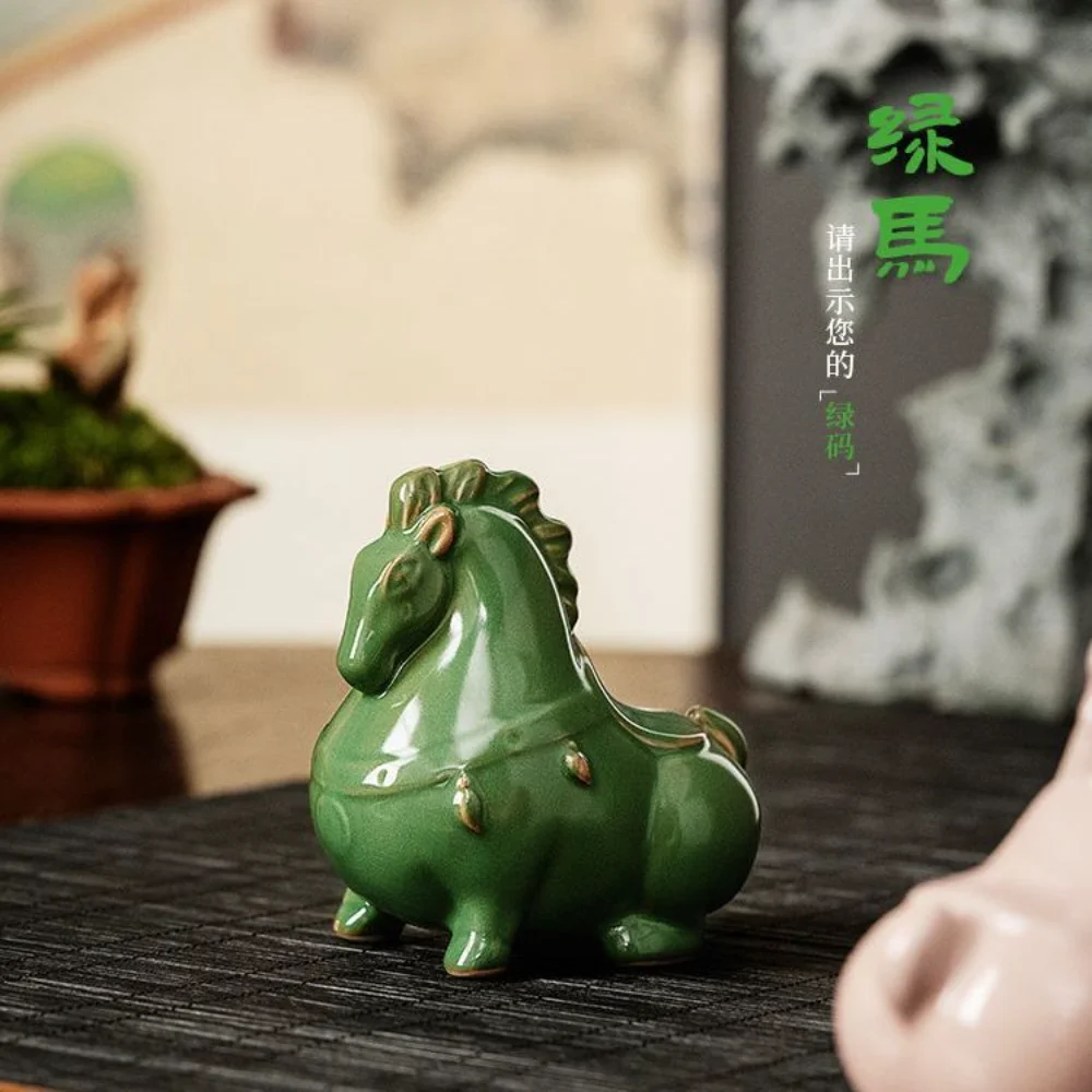 Ceramic Small Green Horse Tea Pet Statue Figurine Ceramic Tea Accessories Ornaments Chinese Tea Desktop Lucky Crafts Decorative