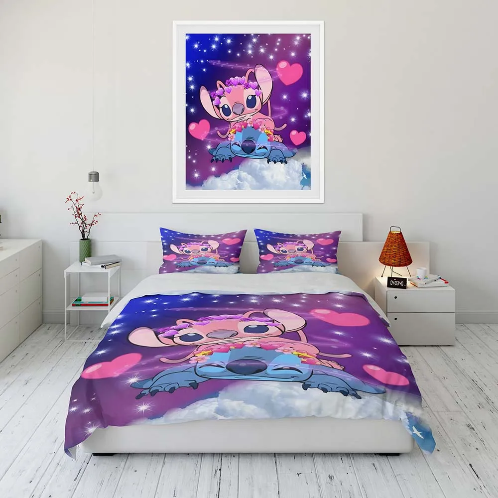 Juego de cama de dibujos animados de Disney Stitch y Lilo para niños, Sábana plana individual, doble, tamaño King, funda nórdica, funda de almohada,