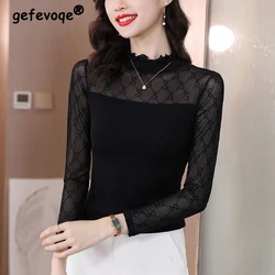 Clothes for Women Autumn Korean Fashion Sexy See Through Mesh Patchwork Basic T-shirt Elegant Ruffle Black Long Sleeve Slim Tops