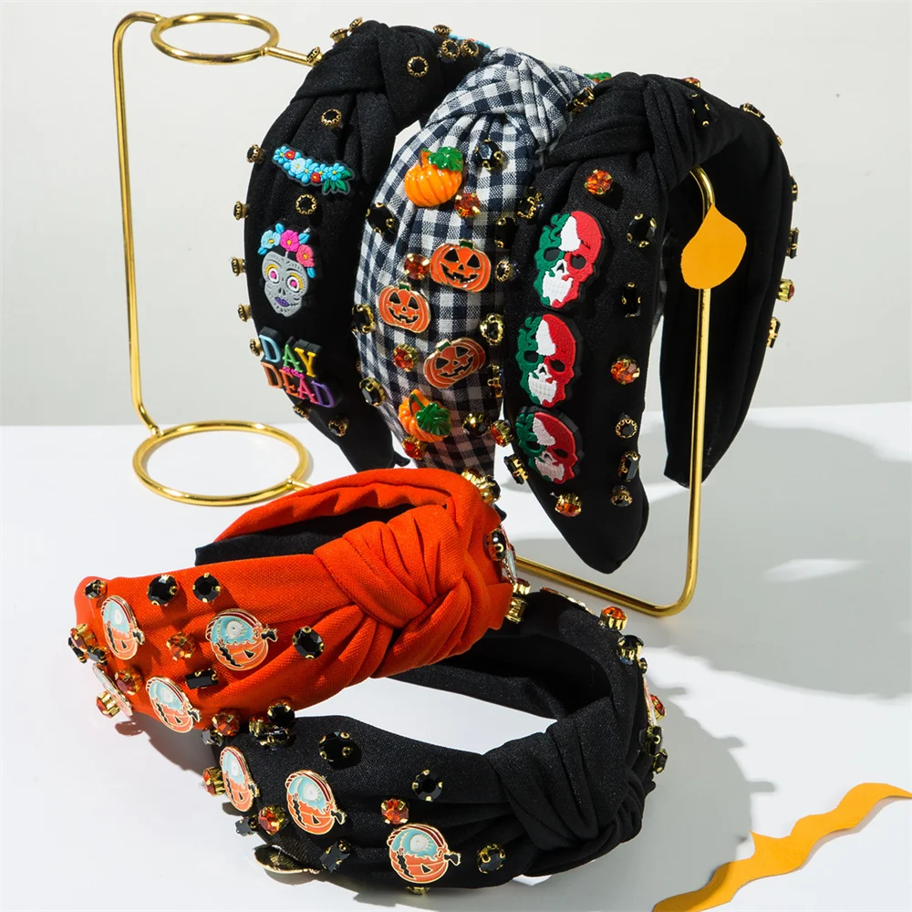 Halloween Headbands Girls Top Knotted Hairbands Dotted With Rhinestone Zombie Pumpkin Holiday Makeup Hair Hoop Gifts