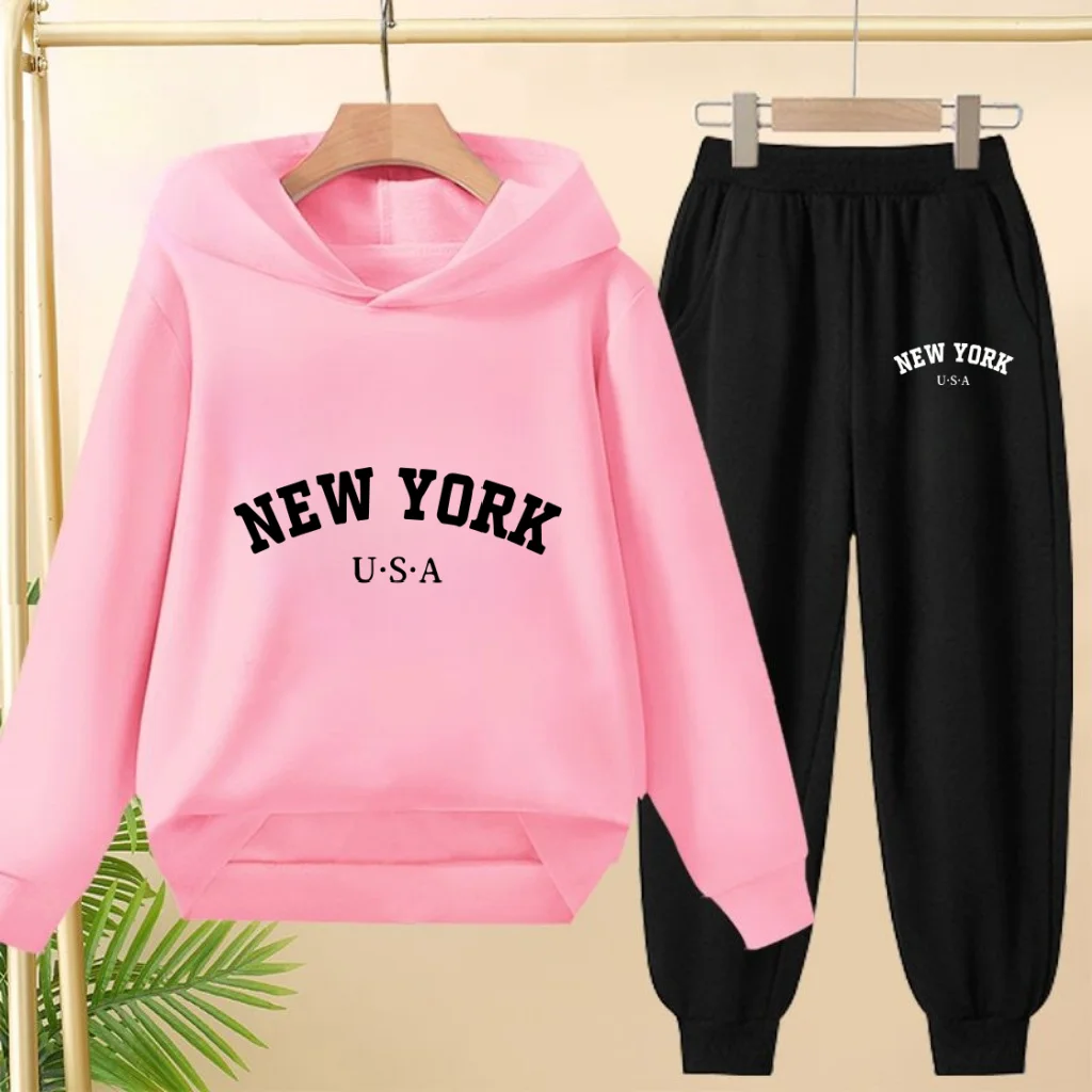 

Children Clothes Top+Pants York USA Stylish Letter Hoodie Boys Sweatshirt Girls Toddler Sports Charming Pullover Casual Coat Set