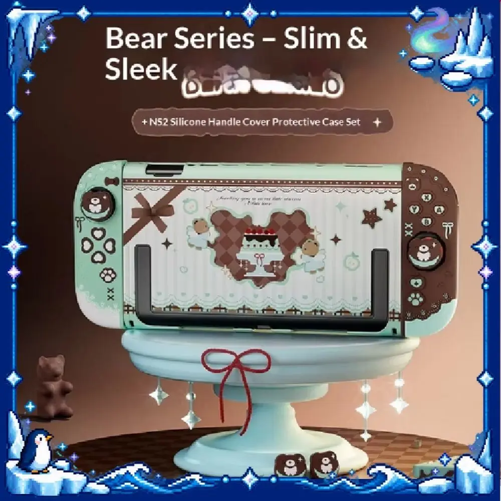 IINE Cute Bear Case L1310 for NS 2 Mint Choco Silicone Joy-Con Cover PC Back Shell Thumb Grips Set Anti-Slip Shockproof Gift