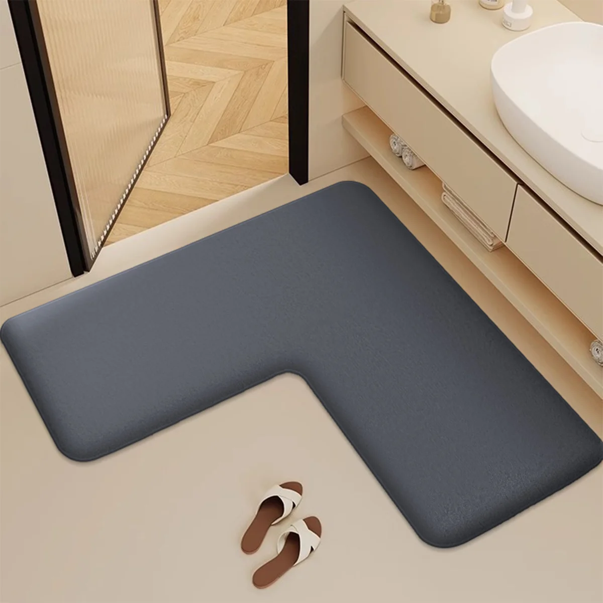 Thickened flannel L-shaped bathroom absorbent floor mat furry shower room foot mat non-slip and dirt-resistant toilet mat