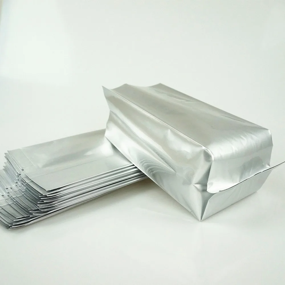 100pcs Silvery White Pure Aluminium Foil Bags Side Gusseted / Heat Seal Food Grade Storage Package Vacuum-seal Side-Folded Pouch