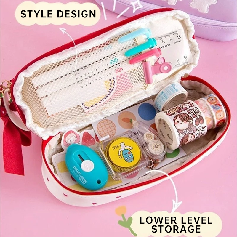 Cute Heart Strawberry Pencil Case Large Capacity Kawaii Pencil Bag Stationery Items School Supplies Pen Holder for Kids Gifts