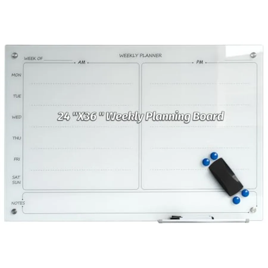 

Glass board 24"X36" Writeboard Magnetic Planner WritingBoard Dry Erase Board Frameless Board for Office School Home Tray, 3 Mar
