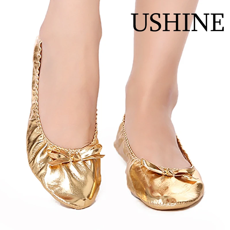 

USHINE 1pair/lot Children Belly Dancing Gold Shoes Girl Soft Traning Dancing Shoes Leather Sole