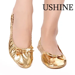 USHINE 1pair/lot Children Belly Dancing Gold Shoes Girl Soft Traning Dancing Shoes Leather Sole