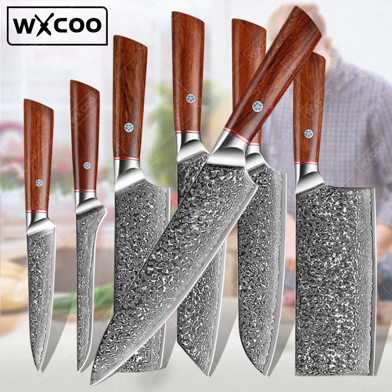 

WXCOO Hand Hammered and Forged Kitchen Knives Damascus Steel Chef's Knife Multifunctional Butcher's Knife Sharp Boning Knives