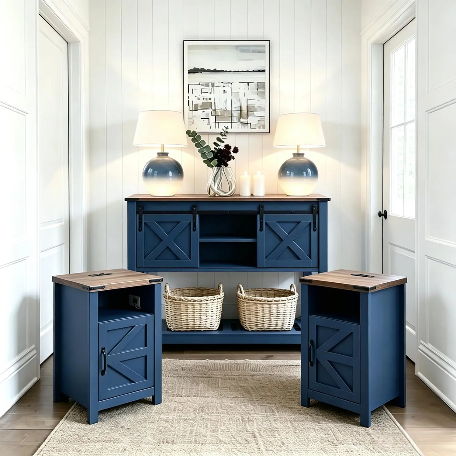 Farmhouse Table Set of 3, Rustic End Tables with Charging Station & Hidden Storage, Living Room Office, Blue, Customized