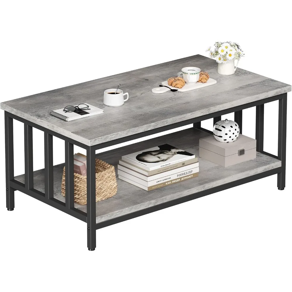 

Coffee Table for Living Room with Slatted Sides Frame, Farmhouse Living Room Table with 2-Tier Storage Shelf for Home Office