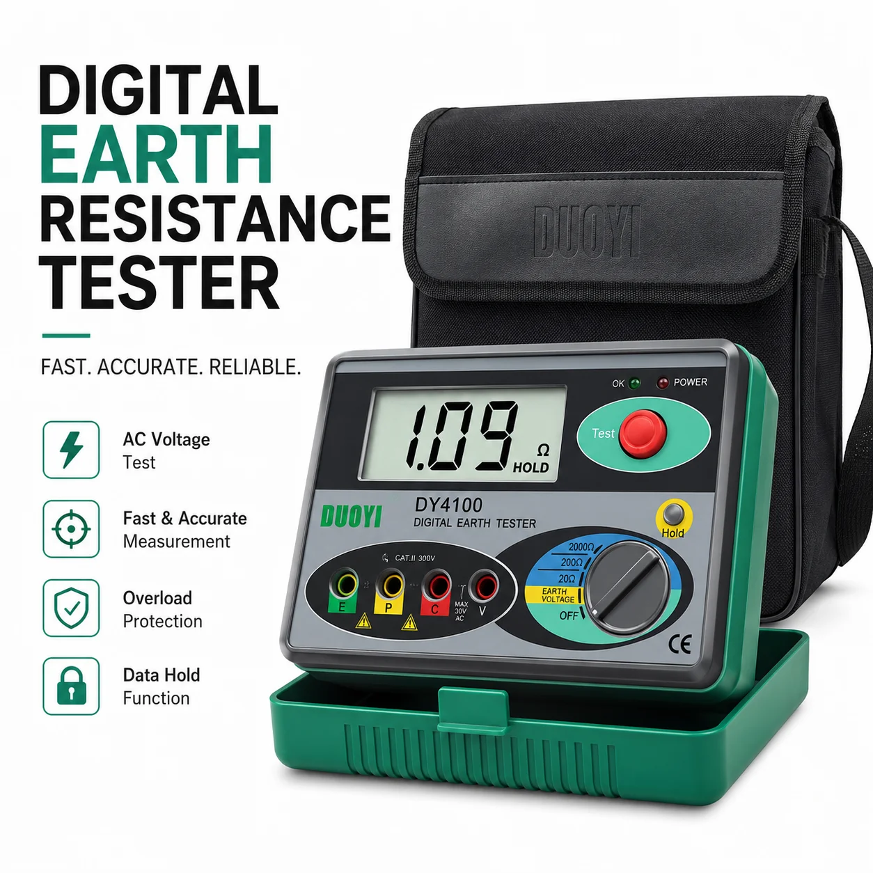 Digital Earth Ground Resistance Tester,0-2000 ohm Meter Earth Resistance Tester,Overload Protection AC Ground Voltage Meter