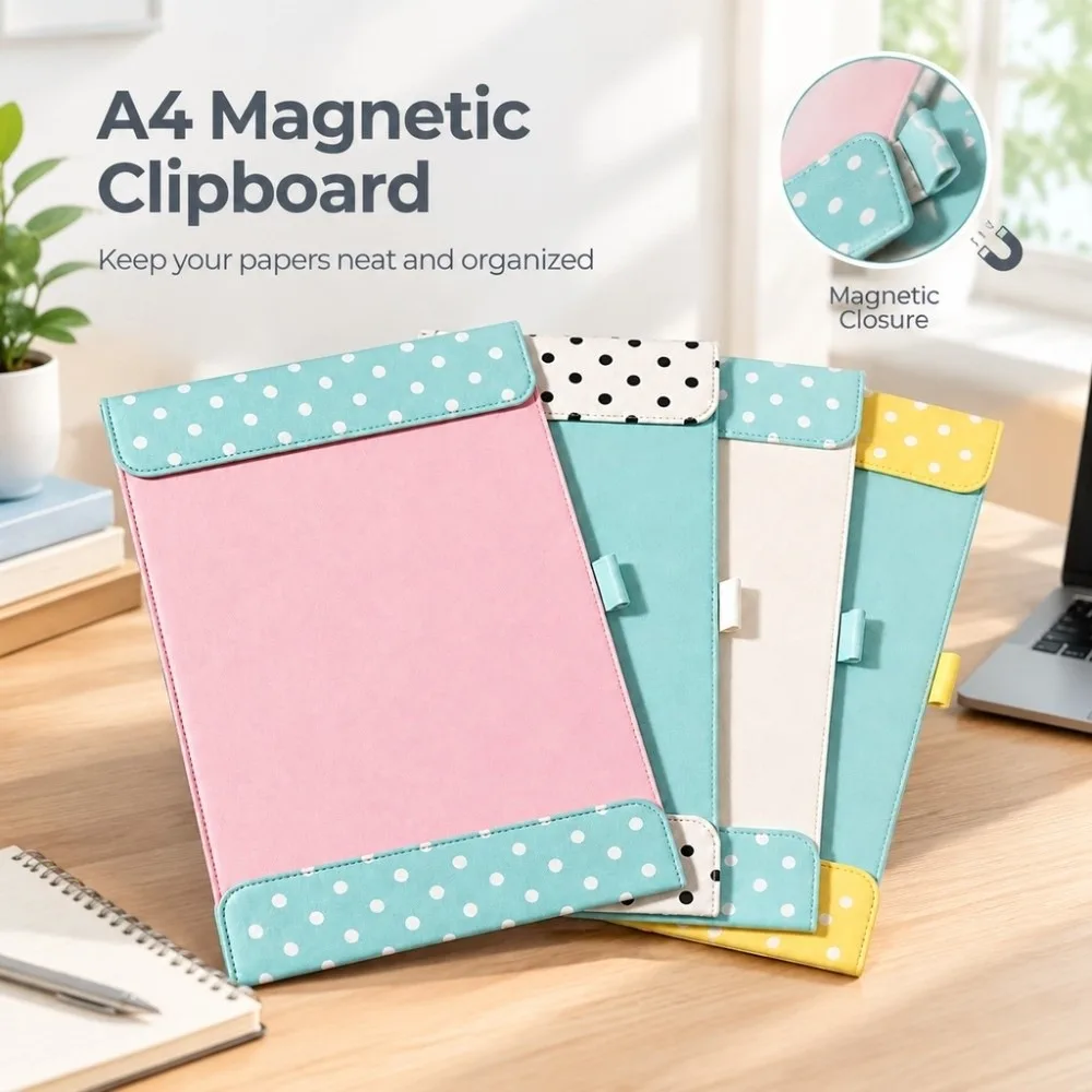 PU Leather A4 Magnetic Folder Color-blocking Polka Dot Pattern Document Holder Exam Paper Organizer School Office Supplies 3