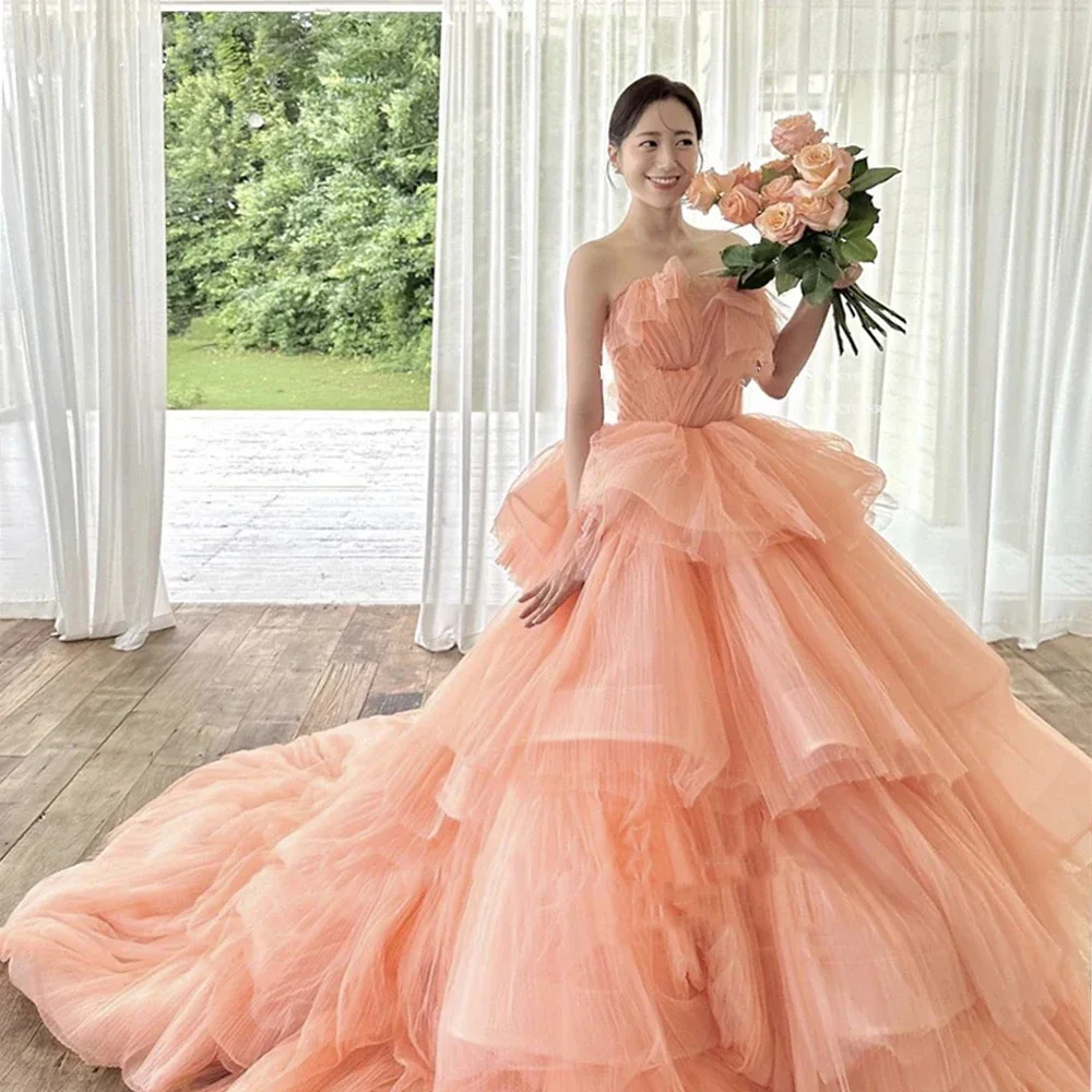 Blush Pink Tulle Long Prom Evening Dresses For Bride Receiption Strapless Tiered Princess Garden Wedding Gowns Classic Elegant