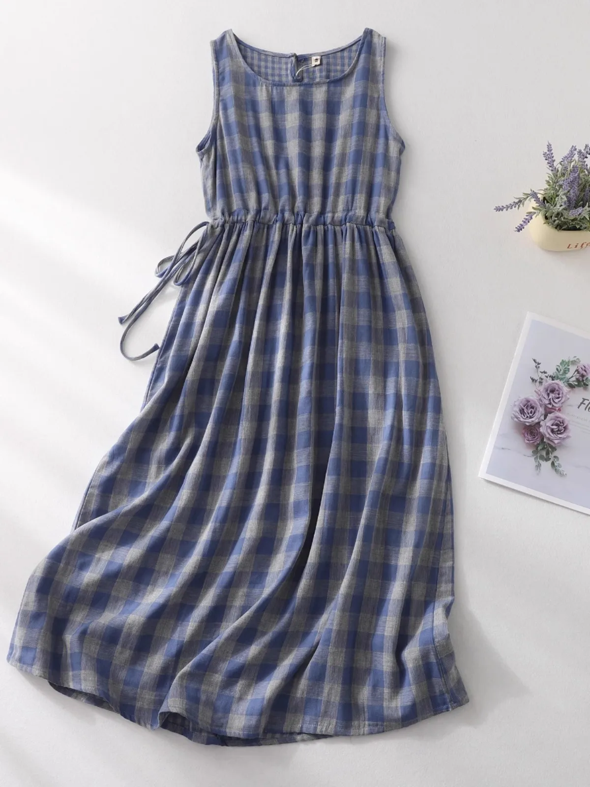

Retro Plaid Women Tank Dresses 2025 New Summer Designer Niche Drawstring Vest Dress Large Swing Sleeveless Maxi Dresses
