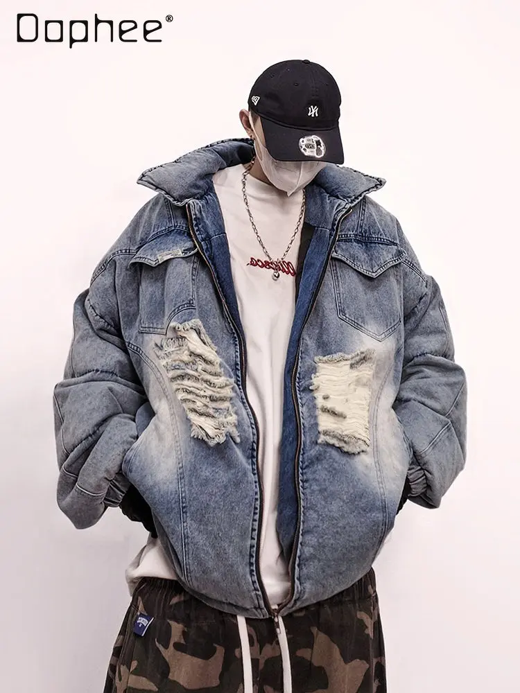 

Зимняя мужская джинсовая куртка на белом утином пуху в простом стиле с отложным воротником, теплое синее пальто в стиле ретро в стиле хип-хоп