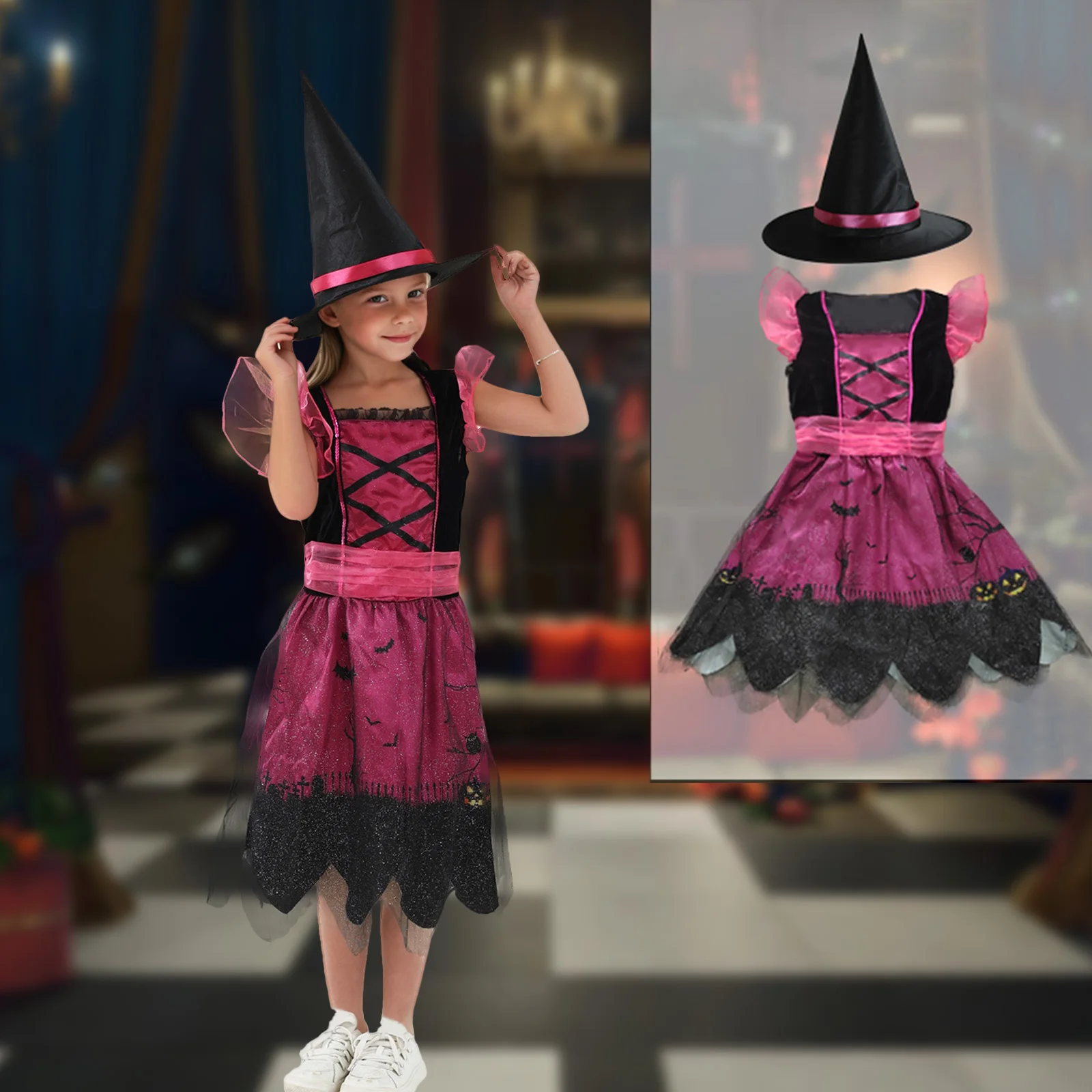 

Halloween Party Costume Girl Witch Dress Set Fancy Stage Performance Costume Carnival Christmas Funny Face Pumpkin Bat Pattern