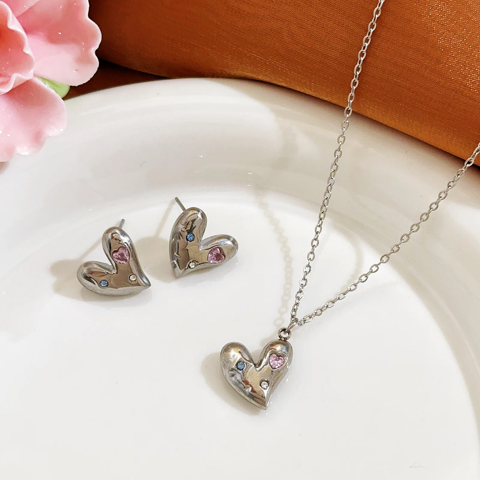Luxury Heart Jewelry Sets Multi-color Zirconia Setting Stainless Steel Pendant Necklace Earrings Set Bridal Wedding Accessories