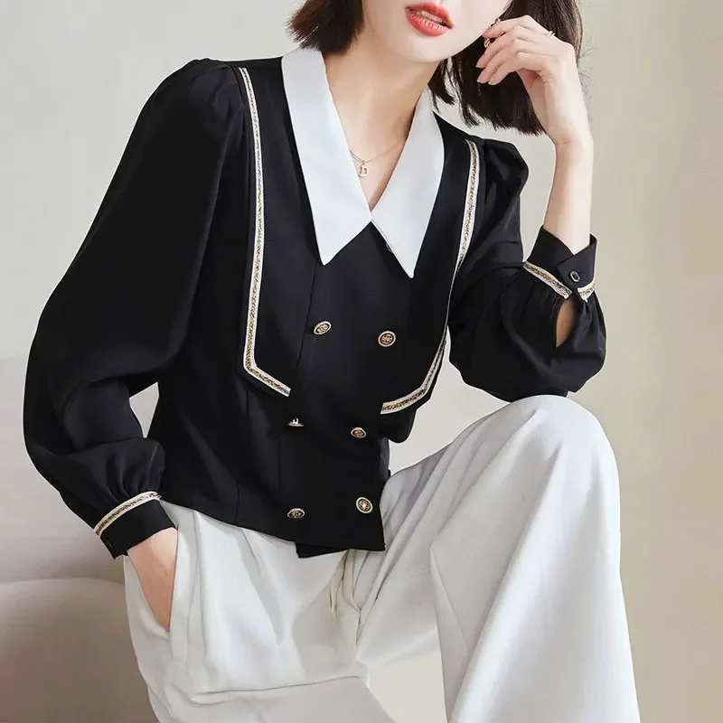 Preppy Style Solid Color Chic Button Blouse All-match Bright Line Decoration Female Spring Autumn Peter Pan Collar Shirt D141