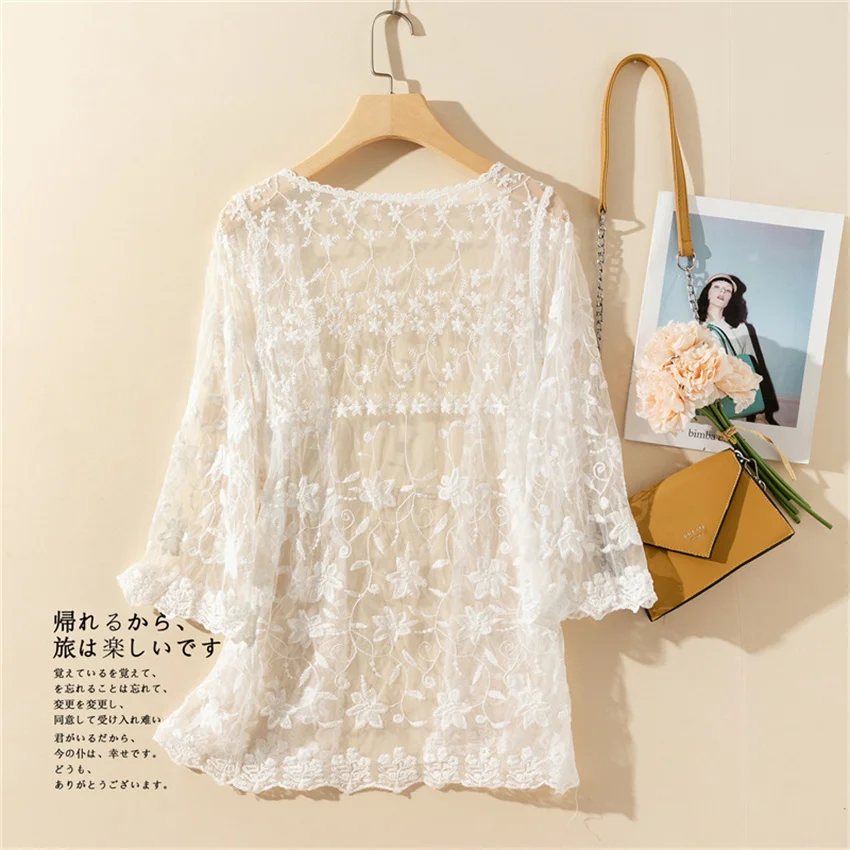 2023  Fashion Summer Women Lace Cardigan Blouses Thin Hollow Out Blousas Sun Protection Coats Clothings Lady Beach Shirts 2134